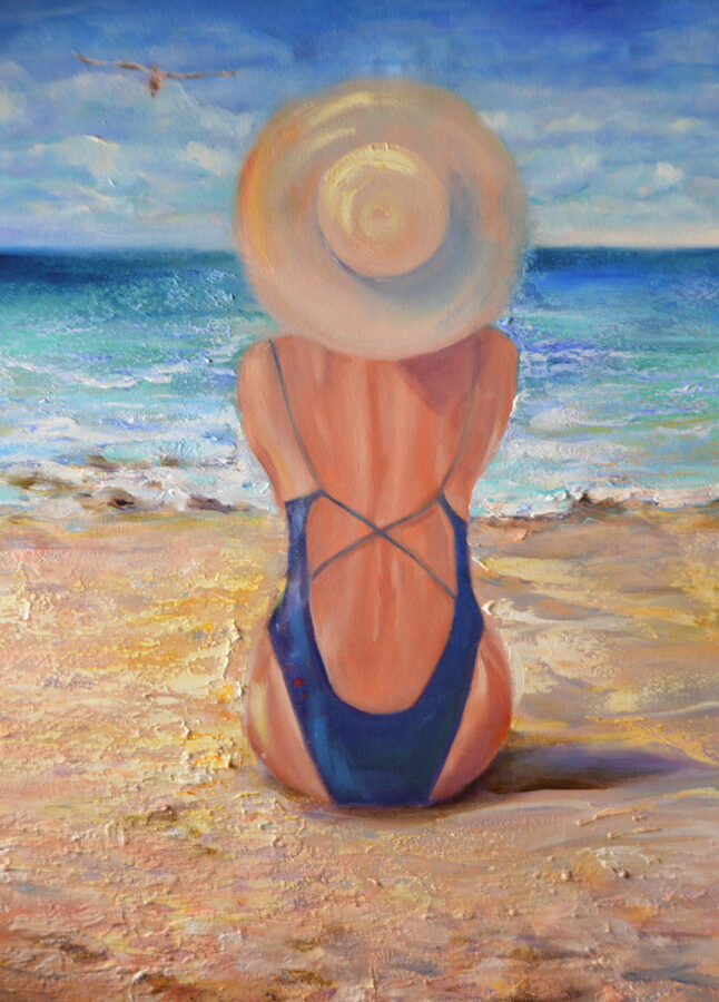 A Girl on a Beach, An Original Oil in full color on top 16x20x1 canvas