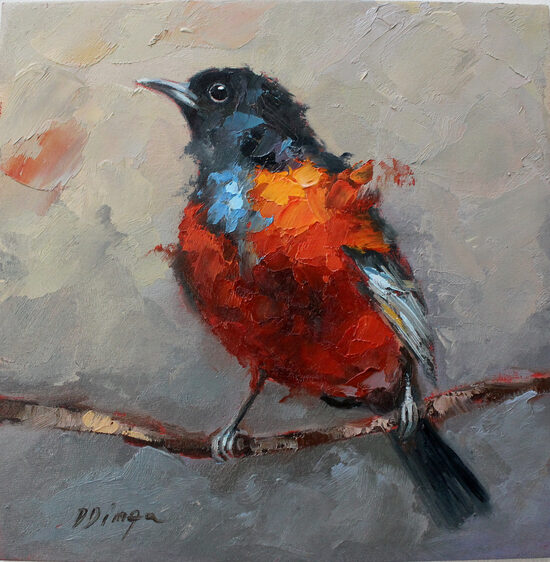 Baltimore Oriole bird oil original painting on cardboard Texture Art by Daiga Dimza Wall art fine gift for her Miniature artwork