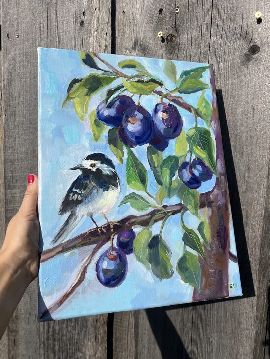 Plums and Bird Oil Painting on Canvas, 40 x 30 cm