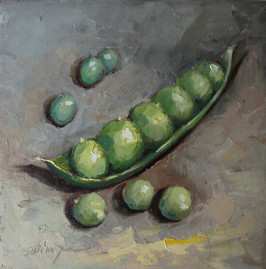 Peas oil original painting on cardboard Texture Art by Daiga Dimza vegetable garden Wall art gift for her Miniature artwork