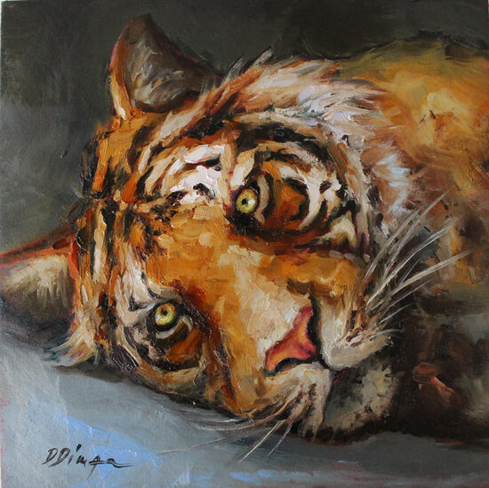 Tiger oil original painting on cardboard Texture Art by Daiga Dimza Wall art fine gift for her Miniature artwork
