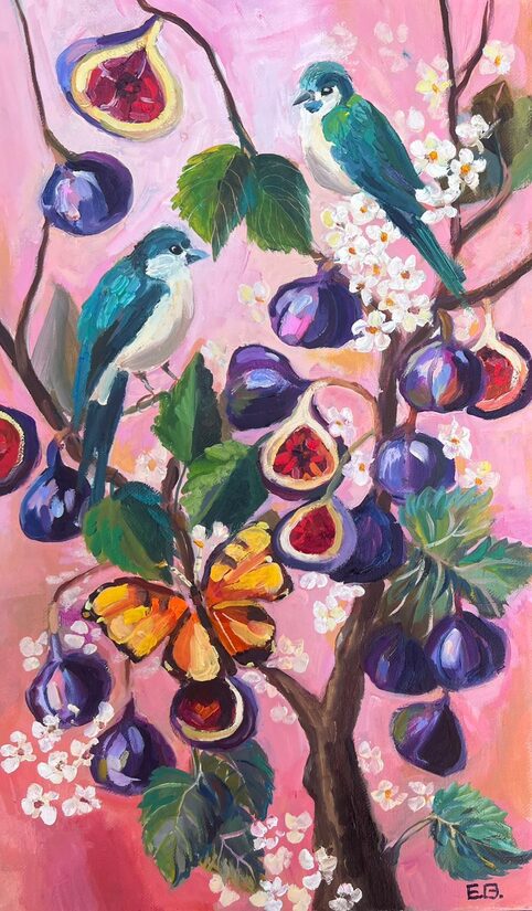 Fig Tree and Birds, Oil Painting on Canvas, 70 x 30 cm