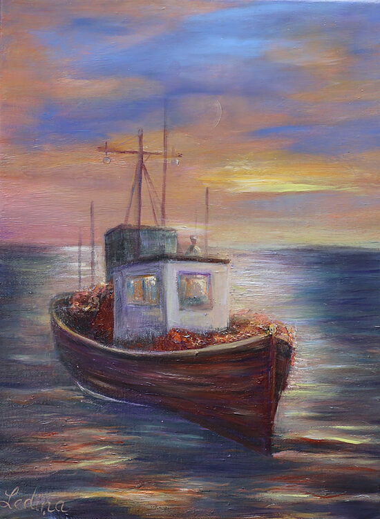 Zvejs Laiva, Eļļas Glezna uz Audekla, 40 x 30 cm