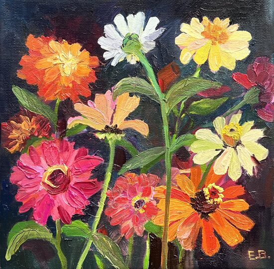 Zinnias, Oil Painting on Canvas, 25 x 25 cm