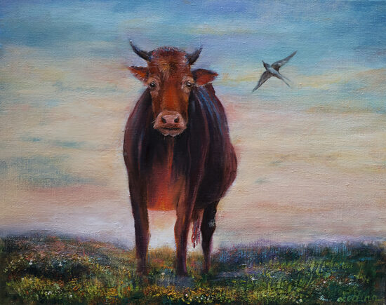 Brūnā Govs, Eļļas Glezna uz Audekla, 40 x 50 cm