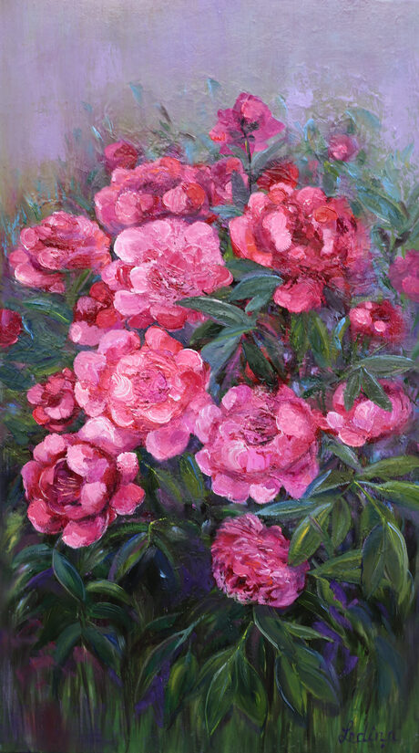 Rozā Peonijas, Eļļas Glezna uz Audekla, 70 x 40 cm