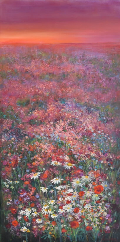 Sunset and Wild Flowers, Oil Painting on Canvas, 80 x 40 cm