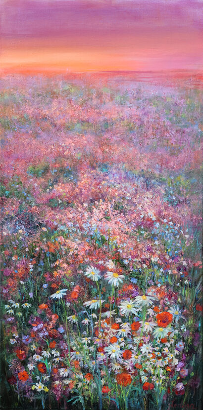 Savvaļas Puķes Saulrietā, Eļļas Glezna uz Audekla, 80 x 40 cm