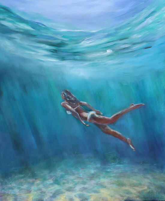 Peldētāja Ūdenī, Eļļas Glezna uz Audekla, 60 x 50 cm