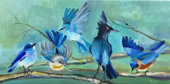 Blue Bird Family, Oil Painting on Canvas, 30 x 60 cm