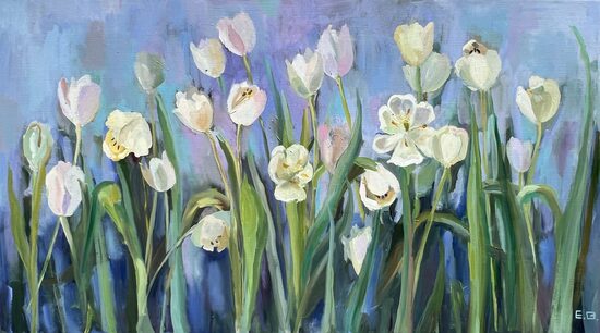 White Tulips, Oil Painting on Canvas, 50 x 90 cm
