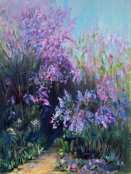 (SOLD) Lilacs in Garden, Oil Painting on Canvas, 80 X 60cm