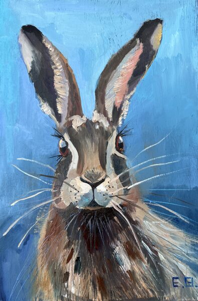 (SOLD)Hare on Blue, Small Oil Painting on Veneer, 20 x 30 cm