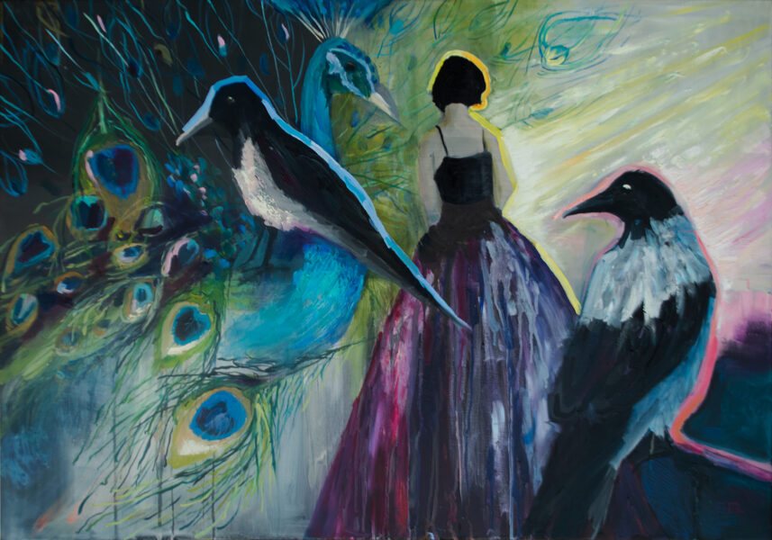 SOLD Crows and a Girl, Oil Painting on Canvas, Size: 70 X 100 cm, ships in a box