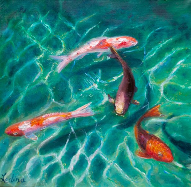 Koi Fishes, Oil Painting on Canvas, 30 X 30 cm