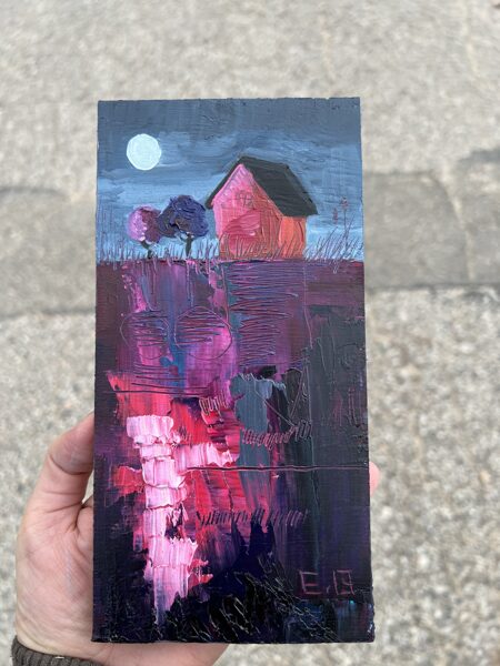 Pink Small House in Night, Small Oil Painting