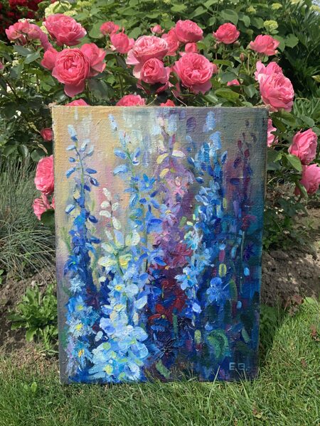 Sold Delphiniums, Oil Painting on Canvas, Size: 33,5 X 45,5 cm, ships in a box