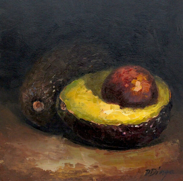 (SOLD) Avocado original oil painting on cardboard Handmade Art by Daiga Dimza garden Wall art fine gift for her Miniature artwork