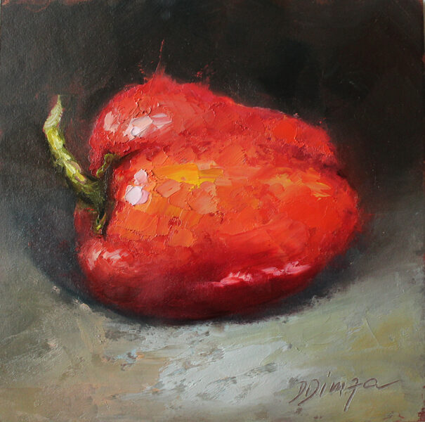 (SOLD) Bell pepper oil original painting on cardboard Texture Art by Daiga Dimza yellow fruits garden Wall art fine gift for her Miniature artwork