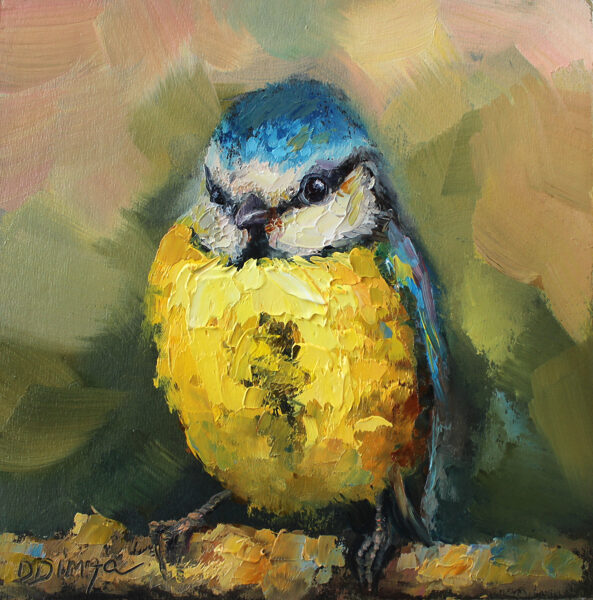 (SOLD) Blue Tit bird oil original painting on cardboard Texture Art by Daiga Dimza Wall art fine gift for her Miniature artwork