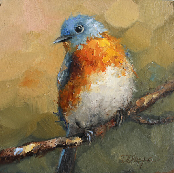 (SOLD) Bluebird original oil painting by Daiga Dimza bright colorful abstract art artwork home hanging miniature small modern gift