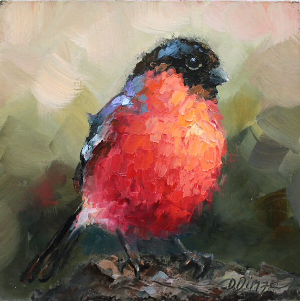 (SOLD) Bullfinch bird original oil painting by Daiga Dimza bright colorful abstract art artwork home hanging miniature