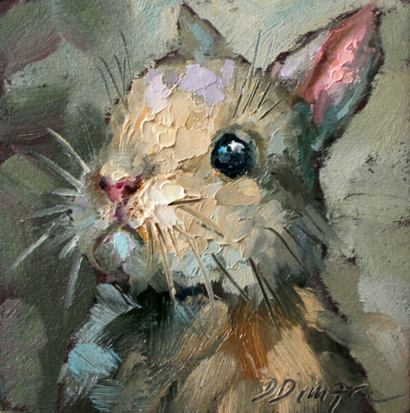 (SOLD) Bunny Baby, Oil Painting on Canvas by Daiga Dimza, 7,5 x 7,5 cm
