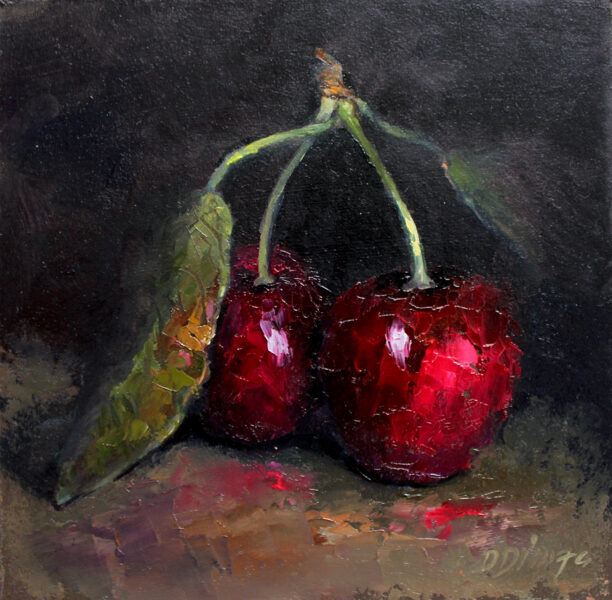 (SOLD) Cherries original oil painting by Daiga Dimza bright colorful abstract art dark artwork home hanging miniature small modern gift