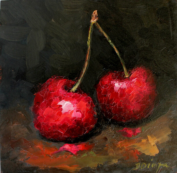 (SOLD) Cherries original oil painting by Daiga Dimza bright colorful abstract art dark artwork home hanging miniature small modern gift