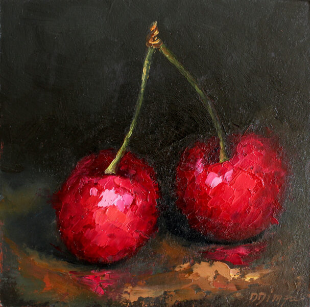 Cherries, Small Oil Painting on Canvas, 15 x 15 cm