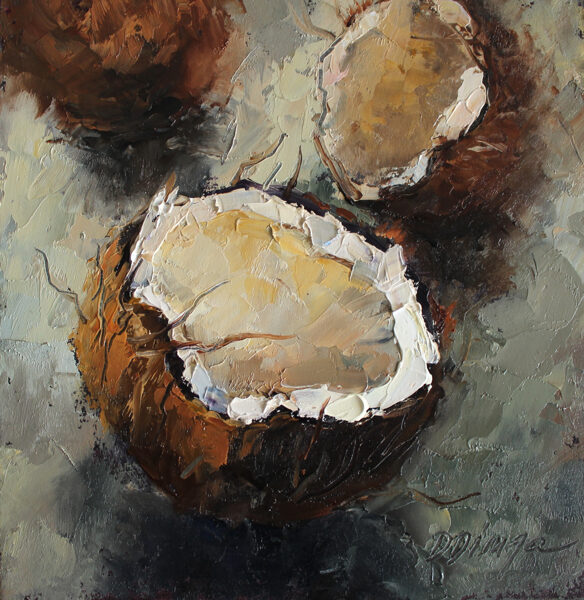 (SOLD) Coconut, Oil Painting on Canvas Cardboard by Daiga Dimza, 15 x 15 cm