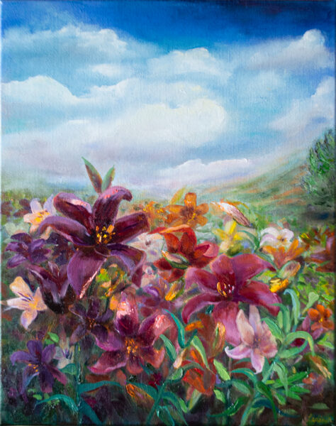(SOLD) Red Flowers, Oil Painting on Canvas, Size: 50 X 40 cm, ships in a box