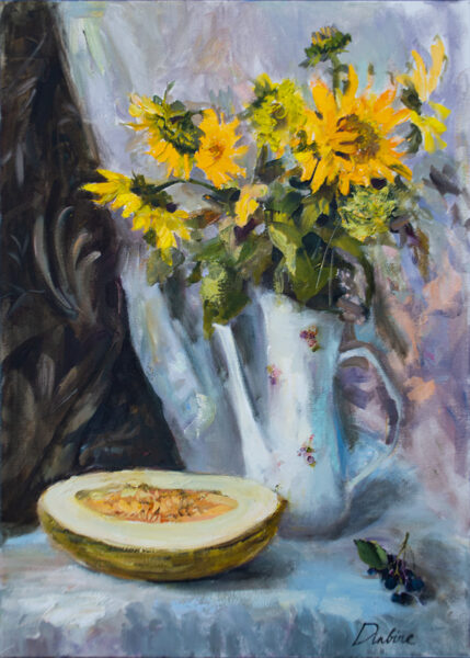 (SOLD) Sunflowers and a Melon, Oil Painting on Canvas, Size: 70 X 50 cm, ships in a box