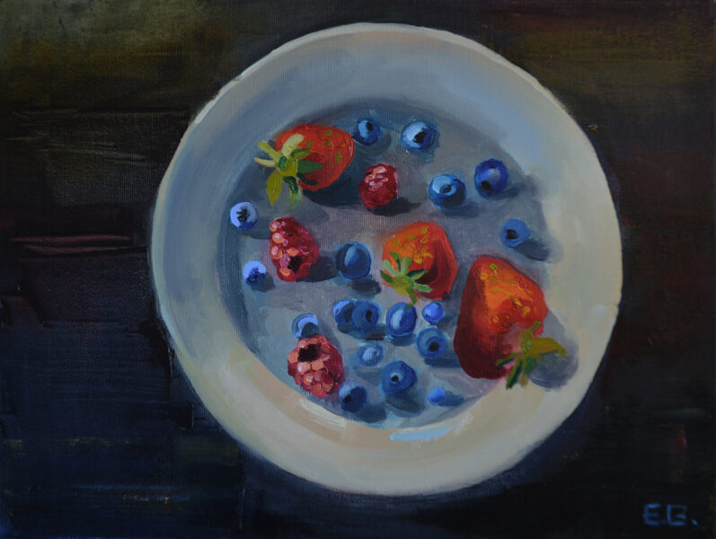 ( Sold ) Berries on a Plate, Oil Painting on Canvas, 30 X 40cm, ships in a box