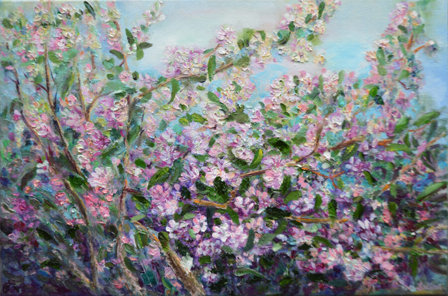 (SOLD) "Blooming Trees" Original Handmade Oil Painting by Inga Ledina