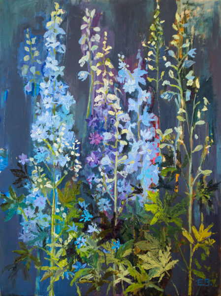 (SOLD) Delphiniums, Oil Painting on Canvas, Size: 80 X 59.5 cm, ships in a box