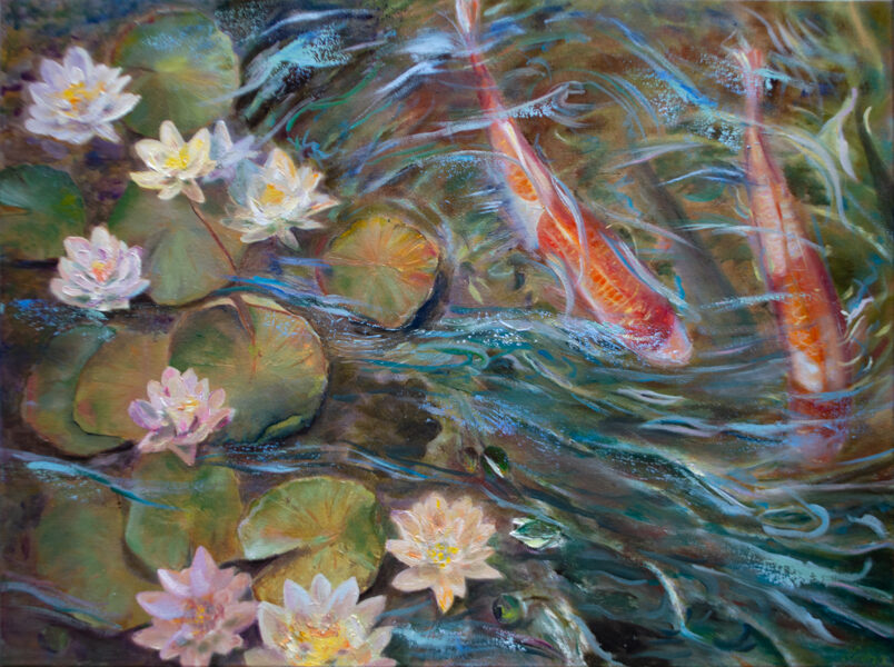 (SOLD) Koi and Waterlilies, Oil Painting on Canvas, Size: 60 X 80 cm, ships in a box