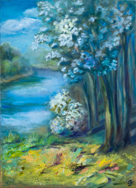 River and Trees, Oil Painting on Canvas, 70 X 50cm