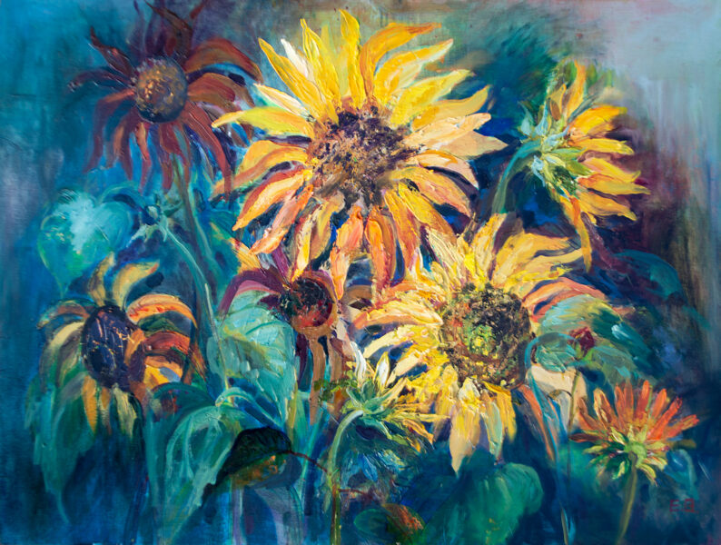 Krāsainas Saulespuķes, Eļļas Glezna uz Audekla, Izmērs: 60 X 80 cm