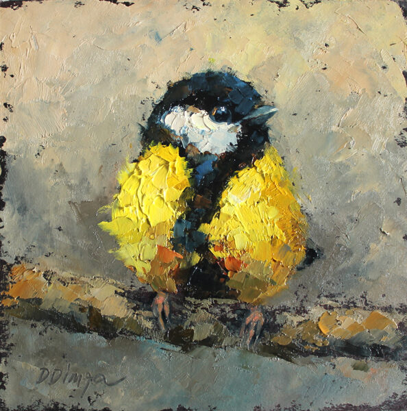 Great Tit Bird, Oil Painting on Cardboard Canvas by Daiga Dimza, 15 x 15 cm