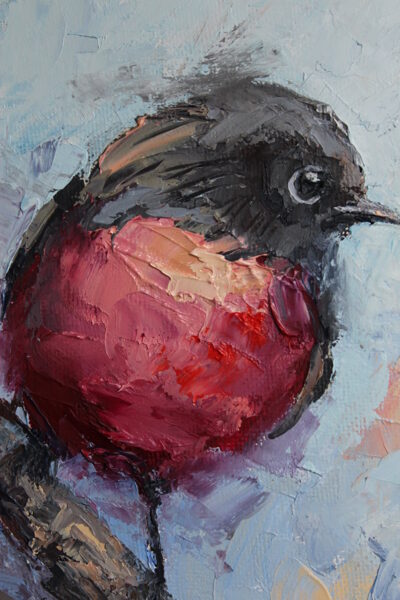 (SOLD) Purple Robin, Oil Painting on Canvas Panel, Size: 18 x 13