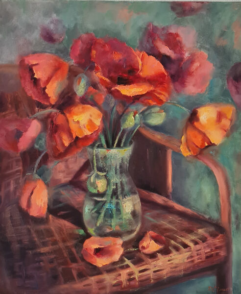 (SOLD) Red Poppies Flowers, Oil Painting on Canvas, Size: 60 X 50 cm