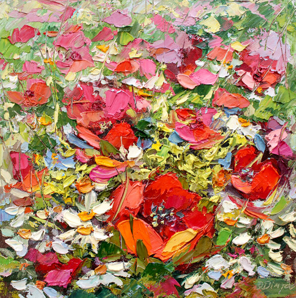 (SOLD) Two Oil Paintings of Poppies on Canvas Panel, 20 X 20cm