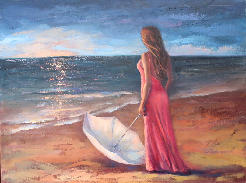 Woman and Sea, Oil Painting on Canvas, Size: 60 X 80 cm, ships in a box