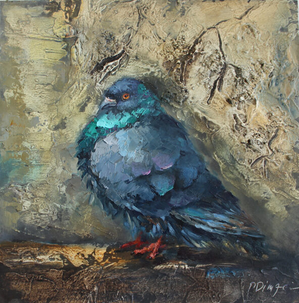 (SOLD) Pigeon bird original oil painting by Daiga Dimza Handmade Bird Wall art Fine gift for her Miniature artwork Textured
