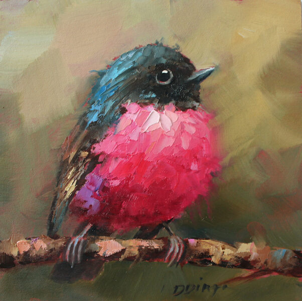 (SOLD) Pink Robin, Oil Painting on Cardboard Canvas by Daiga Dimza, 15 x 15 cm