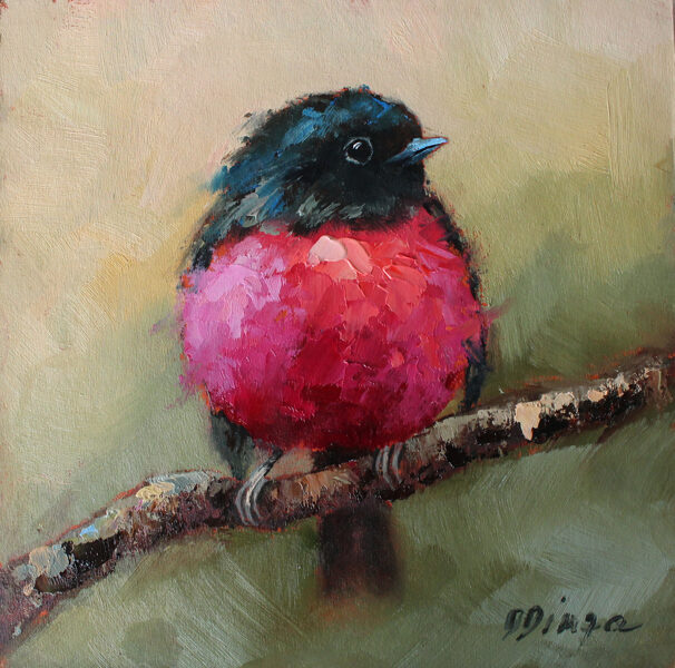 (SOLD) Pink Robin oil original painting on cardboard Texture Art by Daiga Dimza Wall art fine gift for her Miniature artwork