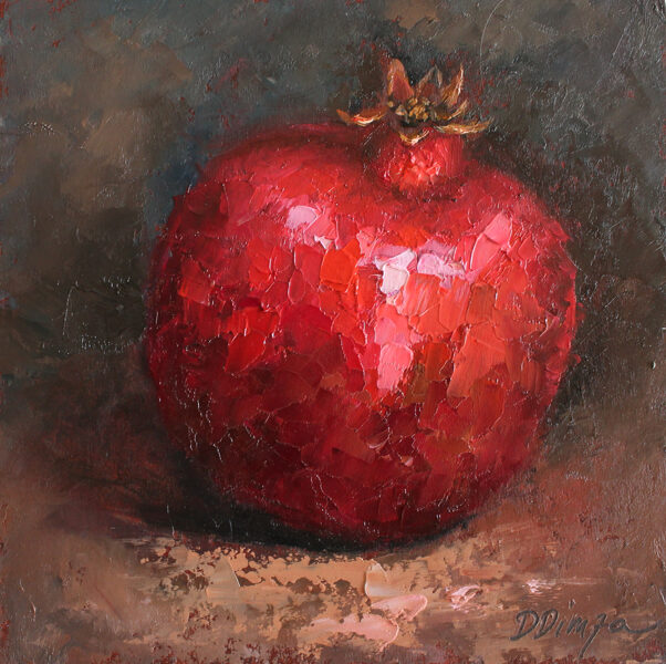(SOLD) Pomegranate, Oil Painting on Cardboard by Daiga Dimza, 15 x 15 cm