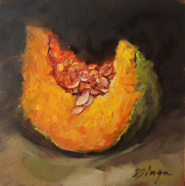 (SOLD) Pumpkin oil original painting on cardboard Texture Art by Daiga Dimza yellow fruits garden Wall art fine gift for her Miniature artwork