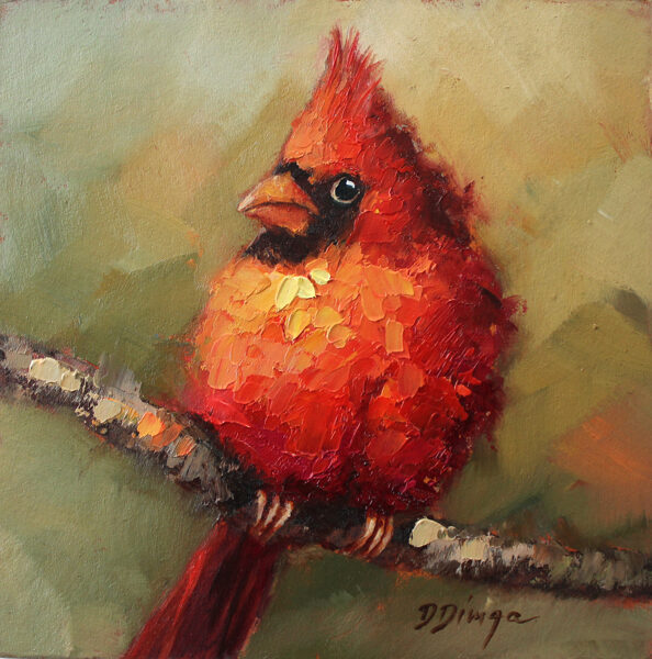 (SOLD) Red Cardinal oil original painting on cardboard Texture Art by Daiga Dimza Wall art fine gift for her Miniature artwork